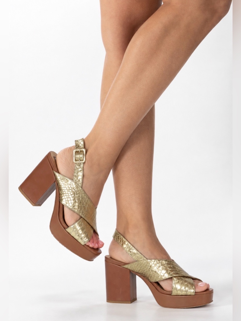 Chiarini Bologna Leather Gold Snakeskin Pattern Platform Slingback Sandals Sz 9